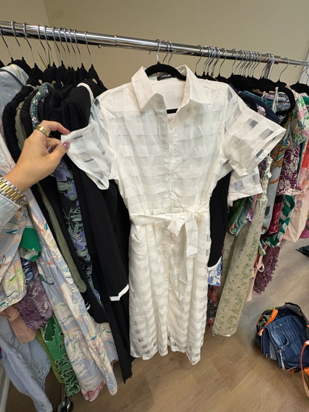 White Short-Sleeve Belted Midi Shirt Dress with Subtle Check Texture - medium